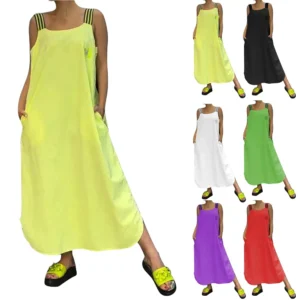 Women's Dresses Intercolor Striped Back Sleeveless Pockets Loose Casual Dresses