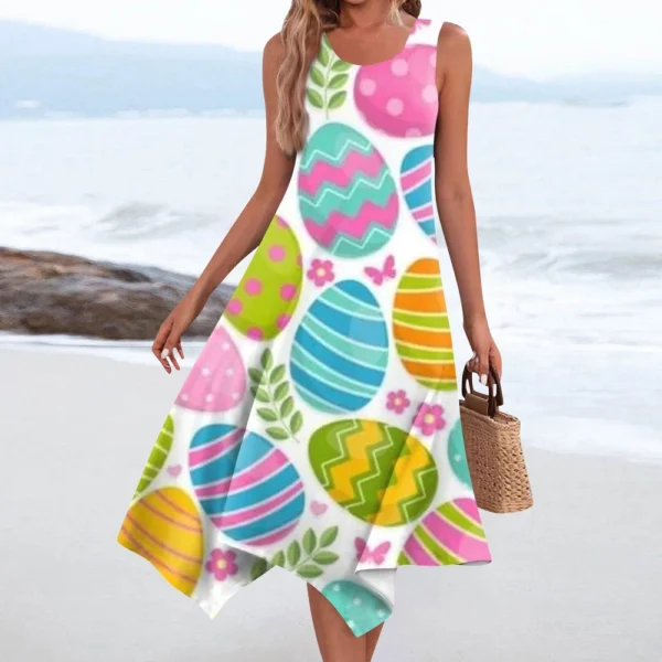 Women's Casual Fashion Round Neck Sleeveless Print Irregular Hem Midi Dress - Image 22