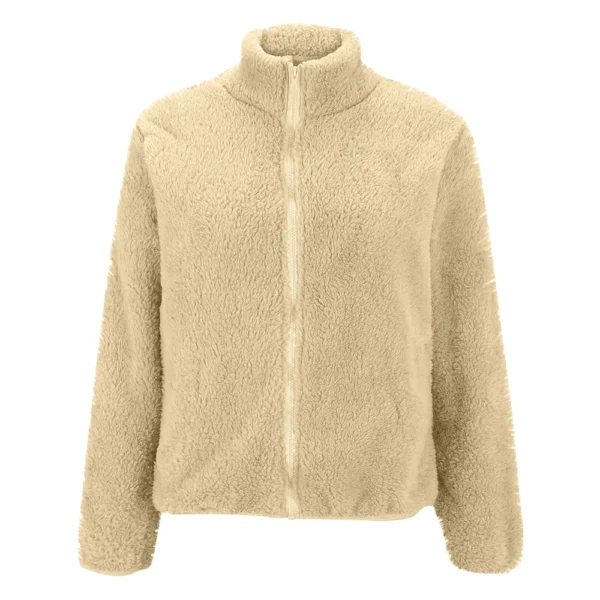 Women's Solid Color Loose High Neck Long Fleece Plush Warm Zipper Jacket - Image 8