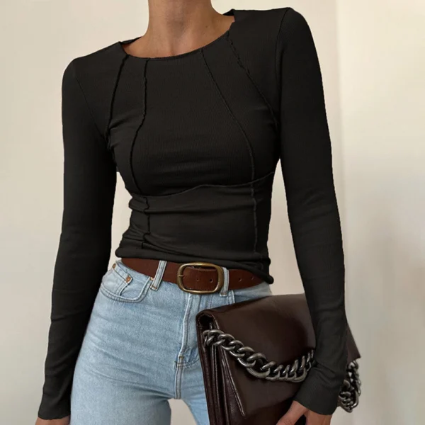 Solid Color Slim Long Sleeve Crew Neck T-Shirt Women - Image 12