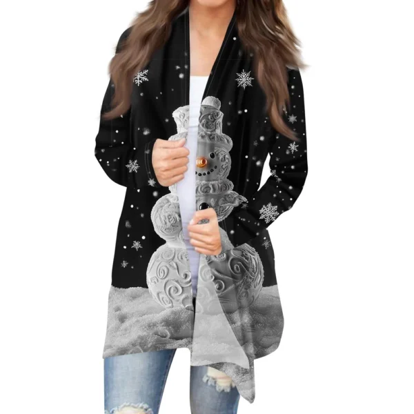 Women's Cardigan Christmas Printed Jacket Casual Medium Length Fashion Coat - Image 23