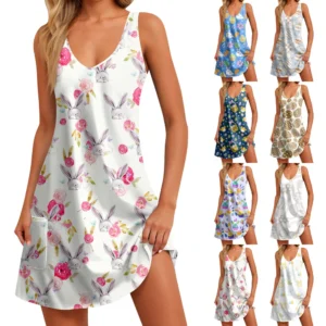 Women's Fashion Summer Loose Dresses Sundresses Easter Casual Printed Dress