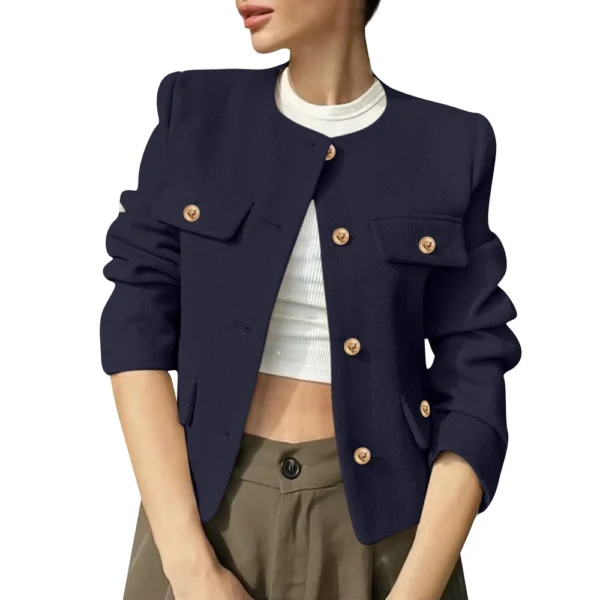 Women's Solid Color Round Neck Fashionable Button Decorated Short Jaket - Image 38
