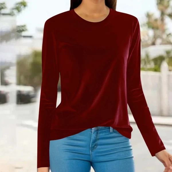 Women's Fashion Golden Velvet Solid Colour Round Neck Long Sleeve T-Shirt Top - Image 36
