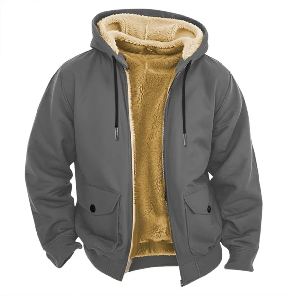 Men's Casual Zippered Pocket Hooded Jacket Men's Solid Color Fashion Warm Jacket - Image 6