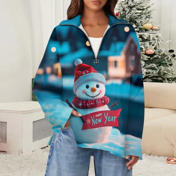 Women's Casual Half Zipper Lapel Christmas Printed Pullover Top Side Slit - Image 16