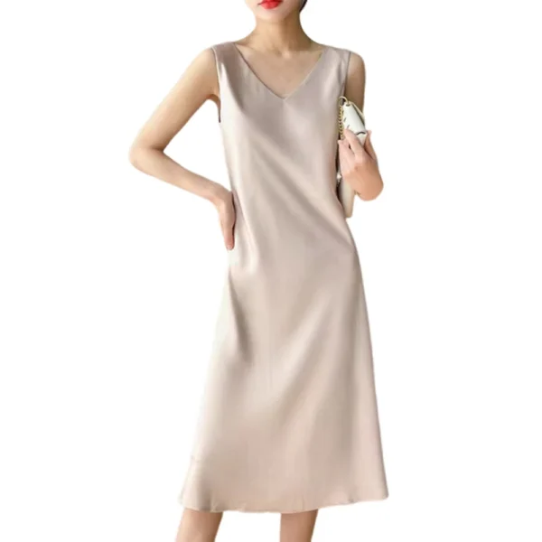 Women's Dress Satin Long Knee Length Summer Large Size Solid Color V-Neck Skirt - Image 14