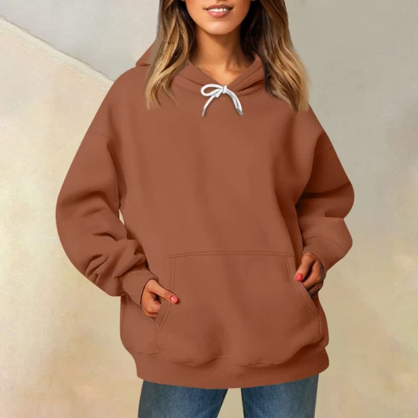 Ladies' Fashionable Casual Long Sleeved Round Neck Hooded Solid Color Hoodie - Image 19