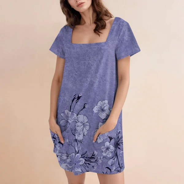 Women's Square Collar Short Sleeve Fashion Skirt Floral Print Pocket Casual - Image 25