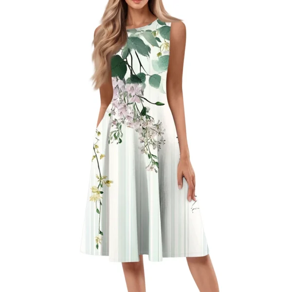 Women's Casual Fashion Floral Print Round Neck Sleeveless Solid Color Midi Dress - Image 5