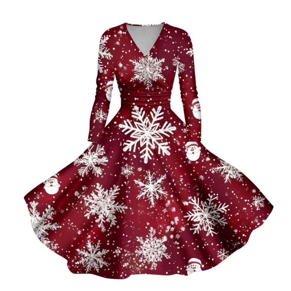 Women's Casual V-Neck Slim Fashion Christmas Long Sleeve Printed Dresses - Image 5