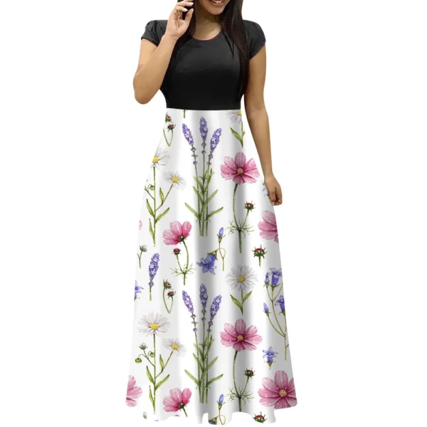 Women's Fashion Casual Loose Printed Round Neck Short Sleeve Long Dresses - Image 23