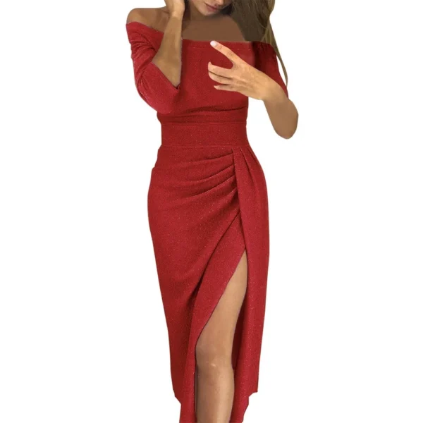 Women's Fashion Sexy Strapless High Slit Tight Dress Half Sleeve Dress - Image 22