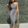 Women's long dress slanted shoulder slim satin dress - Image 13