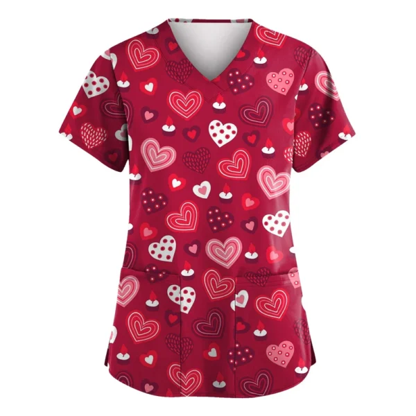 Women's Valentine's Day Printed  Uniform Work Uniform V-Neck Pocket Protective - Image 29