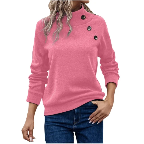 Women's Fashion Casual Solid Color High-neck Button Loose Long-sleeved Hoodie - Image 2