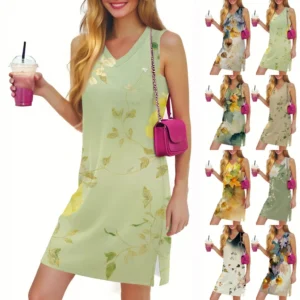 Women's Casual Fashion Sexy V-neck Sleeveless Floral Hem Slit Dress