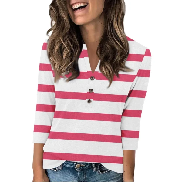 Women's Fashion Casual Loose 3/4 Sleeve Striped Printed Round Neck Top - Image 32