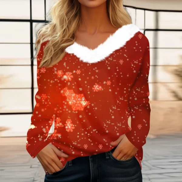 Women's Christmas Long Sleeve Shirt Top V Neck Party Fleece Collar T Shirt - Image 28