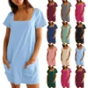 Women's Solid Color Square Collar Short Sleeve Fashion Skirt Pocket Casual Dress