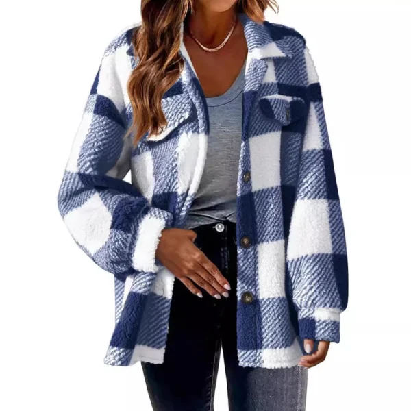 Pocket Plaid Jacket Button Plush Jacket - Image 3