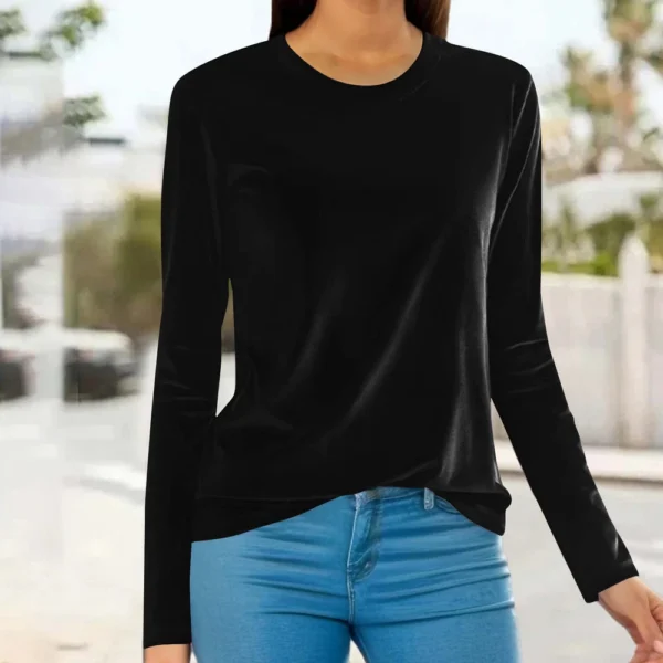 Women's Fashion Golden Velvet Solid Colour Round Neck Long Sleeve T-Shirt Top - Image 6