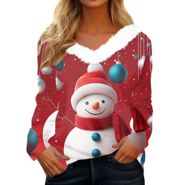 Women's Long Sleeve Christmas Printed Party Plush Neck Wide Casual V-Neck Top - Image 32