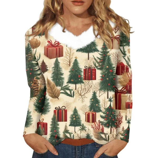 Women's Loose Casual Long Sleeved Christmas Printed Plush Collar V Neck Top, - Image 17