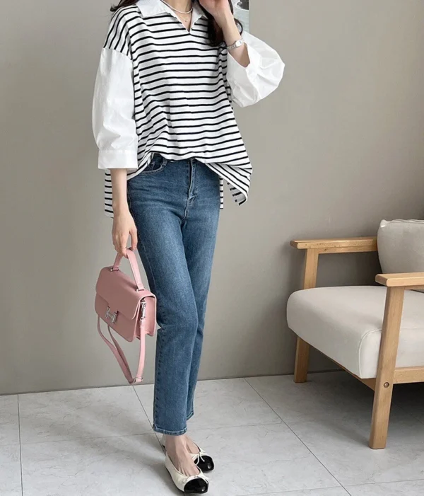 Women's Loose Striped Shirt Collar Women's Top - Image 9