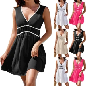 Women's Fashion Casual V-Neck Sleeveless Waist Splicing Dresses