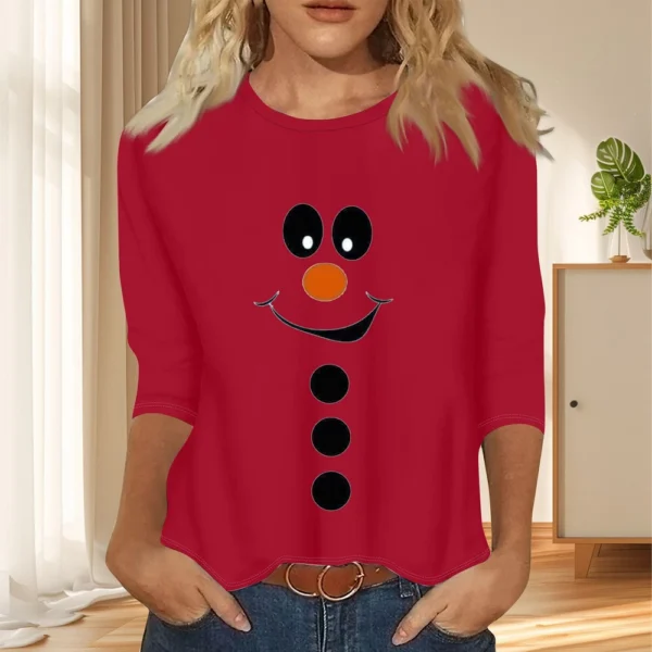 Women's Christmas Casual Round Neck T-Shirt Printed 3/4 Sleeve Loose Ladies Top - Image 31