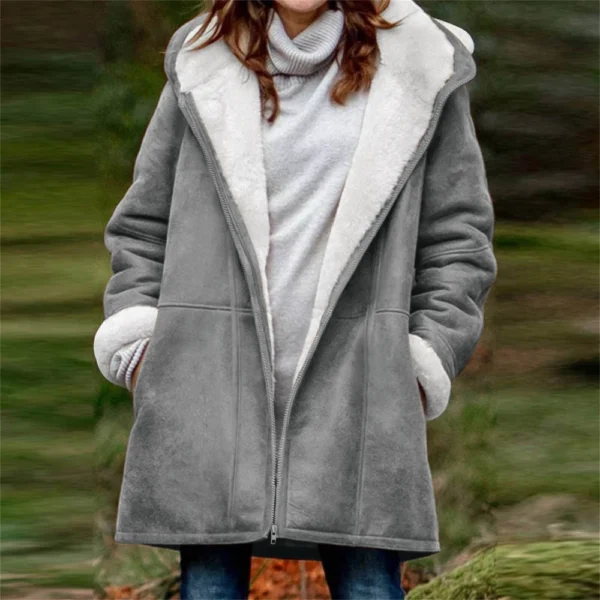 Women's  Fashionable Solid Color Warm Coat Long Sleeved Zipper Loose Hooded - Image 22