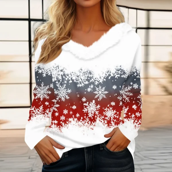 Women's Christmas Party V Neck T Shirt Fleece Collar Shirt Long Sleeve Top - Image 43