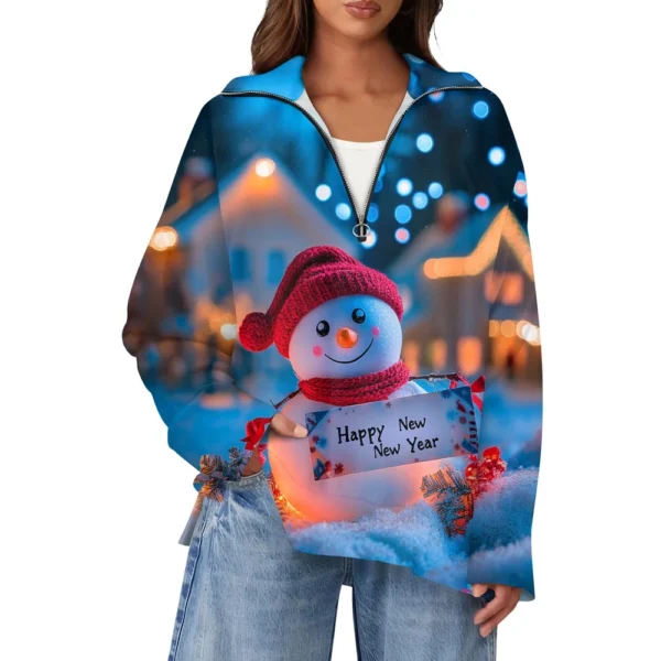 Women's Casual Half Zipper Lapel Christmas Printed Pullover Top Side Slit - Image 6