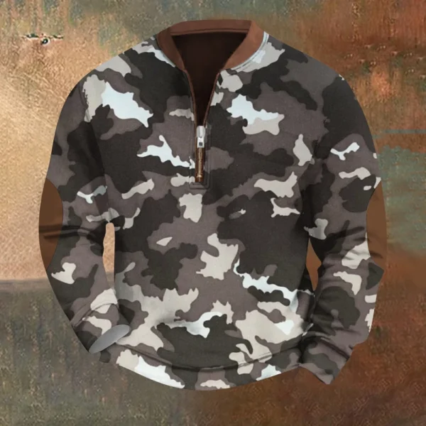 Men's Fashion Casual Half Zip Neck Loose Long Sleeve Camouflage Sweatshirt - Image 19