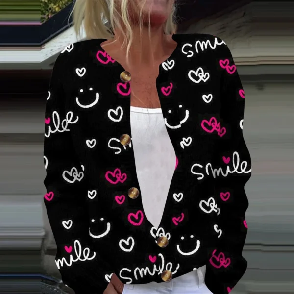 Women's Fashion Printed Valentine's Day Long Sleeved Knitted Cardigan Button - Image 16