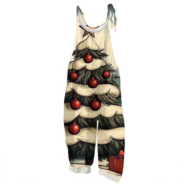 Women's Vintage Shoulder Strap Loose Print Christmas Jumpsuit Casual - Image 5