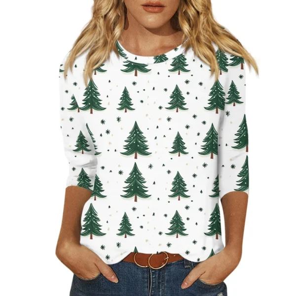 Ladies Loose Printed Casual T-Shirt Round Neck 3/4 Sleeve Christmas Women's Top - Image 9