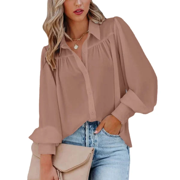 Button-down top pleated solid color stand-up collar women's clothing - Image 3