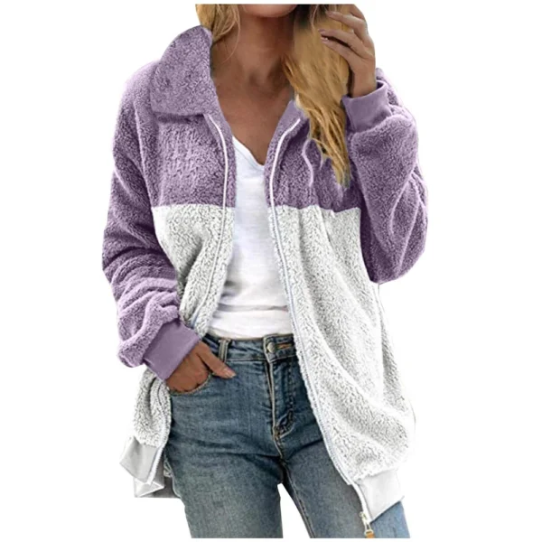 Women's Casual Color Blocking Loose Plush Zippered Flip Collar Jacket With - Image 3