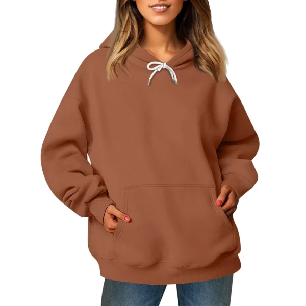 Ladies' Fashionable Casual Long Sleeved Round Neck Hooded Solid Color Hoodie - Image 20