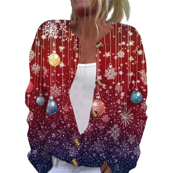 Women's Fashion Christmas Printed Long Sleeve Knitted Cardigan Button Down - Image 38
