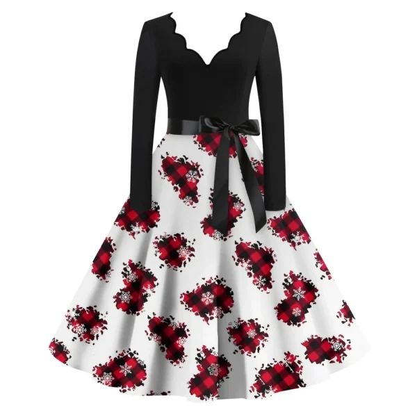 Women's Casual V-Neck Fashion Christmas Slim Long Sleeve Printed Dresses - Image 41