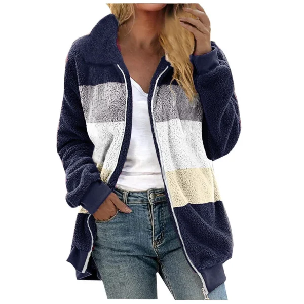 Women's Casual Color Blocking Loose Plush Zippered Flip Collar Jacket With - Image 4