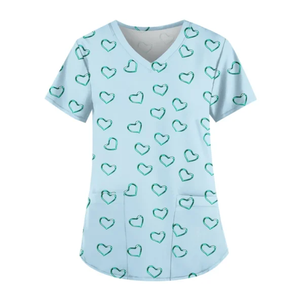 Women's Cute Printed Work Clothes V-neck Double Layer Pockets Basic Short - Image 11