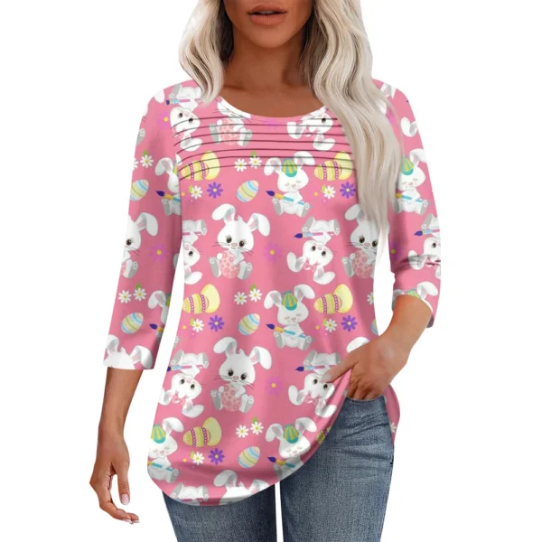 Women's Fashion Round Neck Pleated Front Placket Print 3/4 Sleeve Top - Image 2