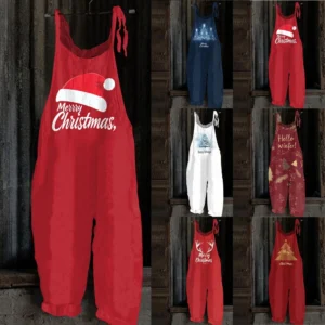 Women's Christmas Shoulder Strap Vintage Loose Casual Jumpsuit Print