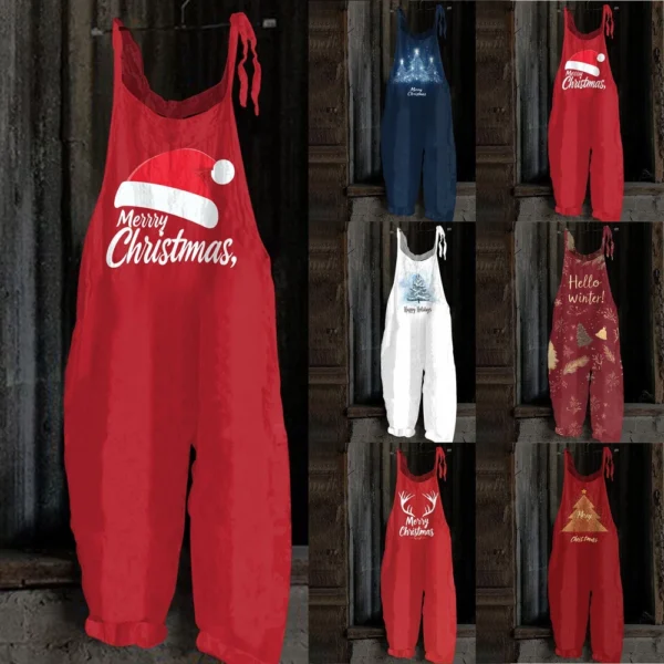 Women's Christmas Shoulder Strap Vintage Loose Casual Jumpsuit Print