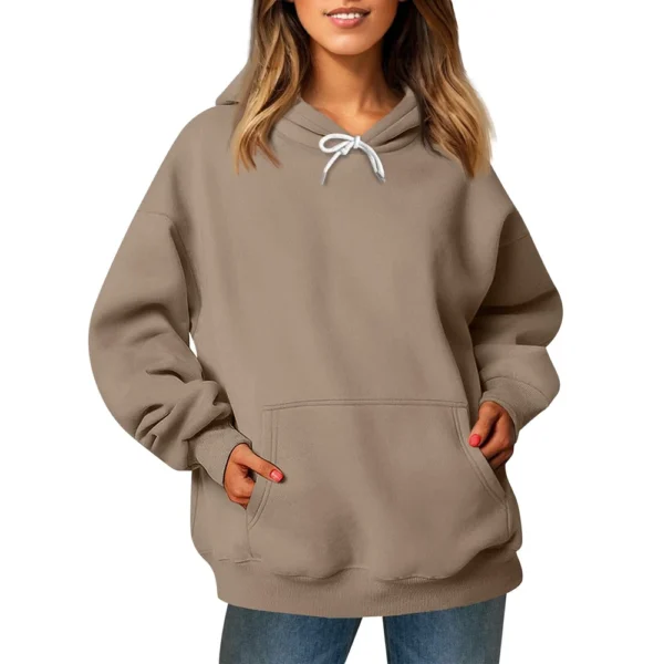 Ladies' Fashionable Casual Long Sleeved Round Neck Hooded Solid Color Hoodie - Image 17