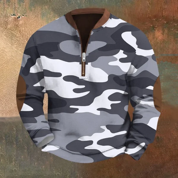 Men's Fashion Casual Half Zip Neck Loose Long Sleeve Camouflage Sweatshirt - Image 37